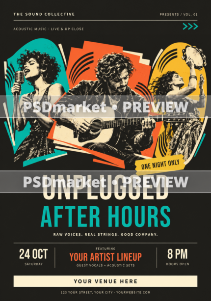 Retro acoustic music flyer with guitarist, vocalist and tambourine player, teal orange and yellow artwork and two PSDmarket preview watermarks