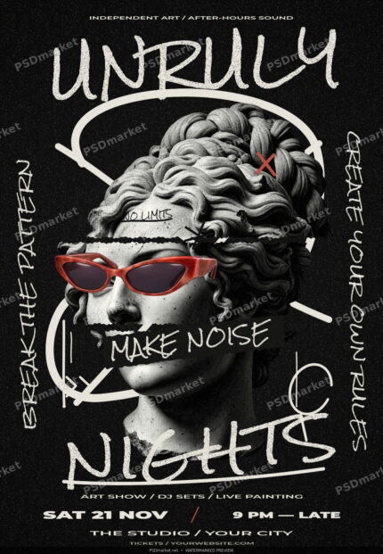 Watermarked Unruly Nights grunge art event flyer with a monochrome classical statue, red sunglasses, torn collage and handwritten typography