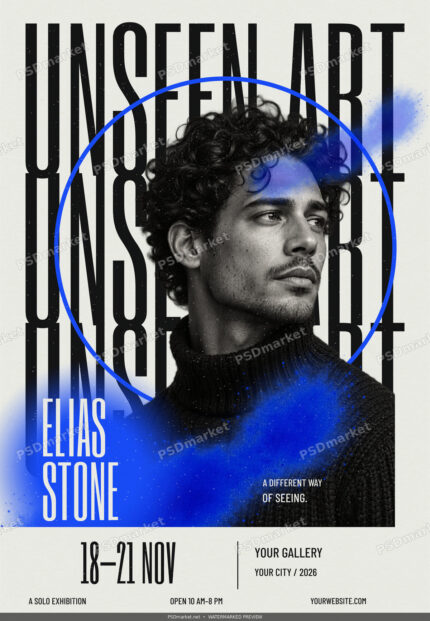 Unseen Art exhibition flyer with a monochrome portrait, cobalt blue spray, bold condensed typography and textured paper, watermarked preview
