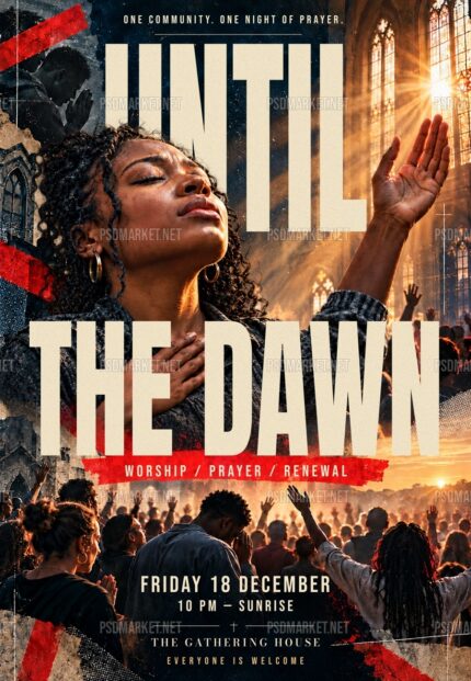 Until the Dawn prayer night flyer with fictional worshipper and cream headline