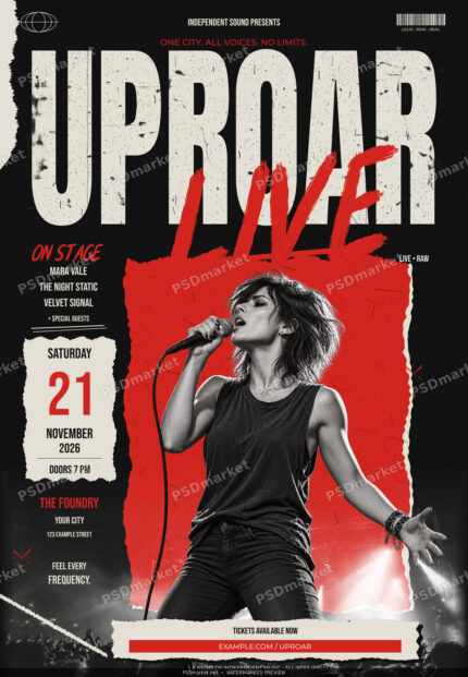 Uproar Live rock concert flyer with distressed black and red lettering, cream paper, fictional vocalist and concert crowd; protected PSDmarket preview