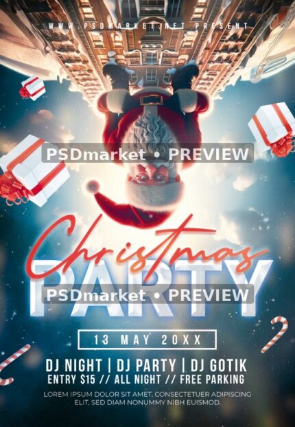 Upside-Down Santa Christmas Party Flyer PSD Template — reduced watermarked source artwork preview