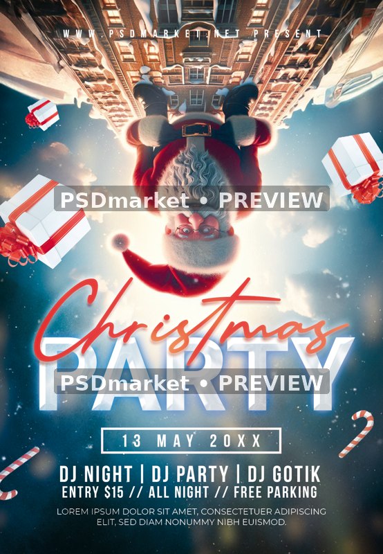 Upside-Down Santa Christmas Party Flyer PSD Template — PSD template preview