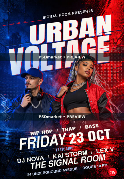 Urban Voltage hip hop party flyer in red and cobalt blue with bold white lettering and two performers; watermarked PSDmarket preview