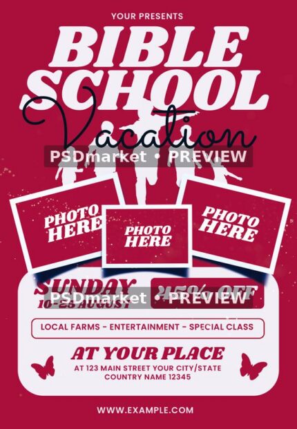 Red Vacation Bible School flyer with white display lettering, dark script and three overlapping PHOTO HERE frames