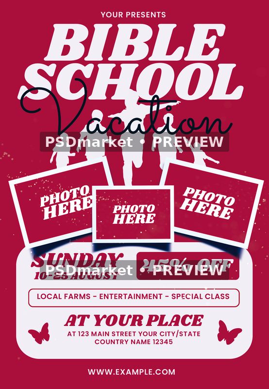 Vacation Bible School Red Photo Frames Flyer PSD Template — PSD template preview