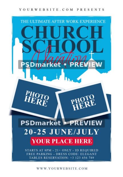 Blue Vacation Church School flyer with red script, a white church silhouette and two tilted PHOTO HERE frames