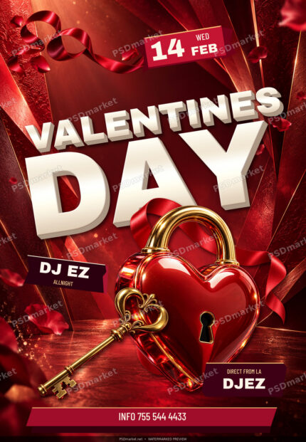 Valentines Day V2 party flyer with ivory dimensional lettering, a red heart lock, brass key, ribbon and rose petals