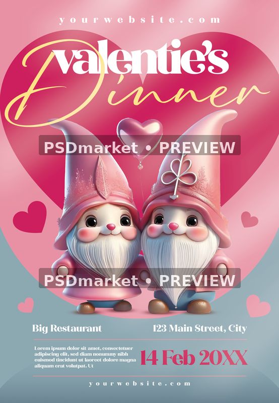 Pink Valentines Dinner flyer with two illustrated gnomes, large heart, gold script and muted blue lower background.