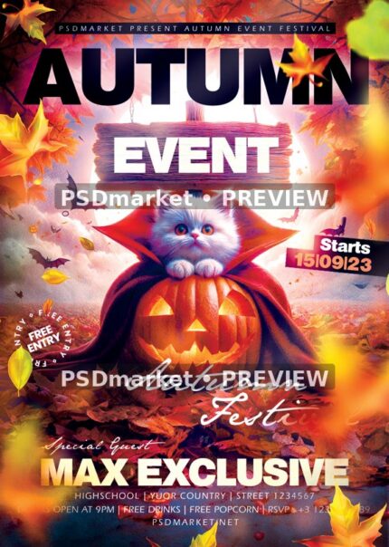 Vampire Kitten Pumpkin Autumn Halloween Flyer PSD Template — PSD template preview