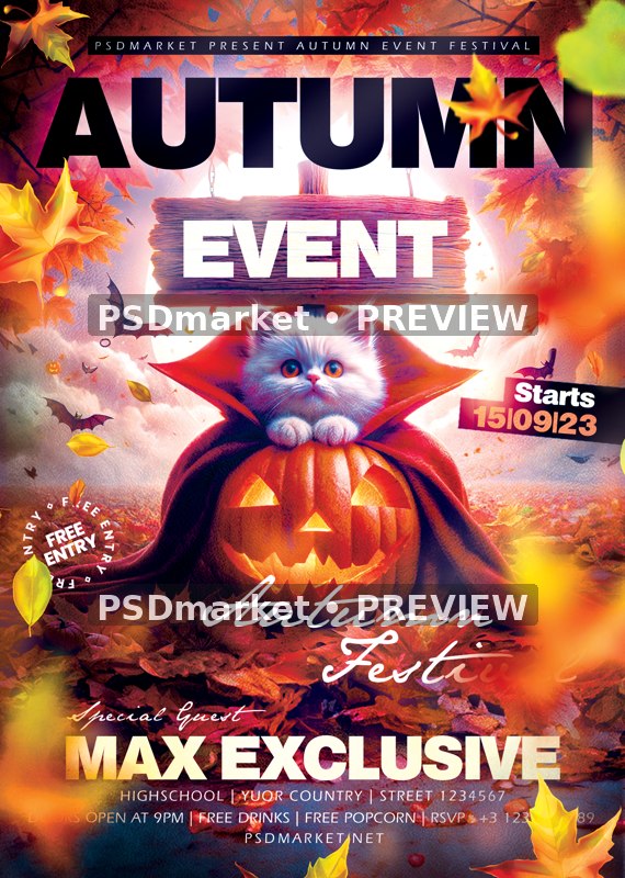 Vampire Kitten Pumpkin Autumn Halloween Flyer PSD Template — PSD template preview