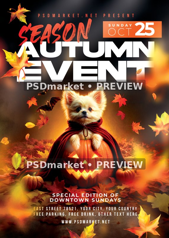 Vampire Puppy Jack-o-Lantern Autumn Halloween Flyer PSD Template — PSD template preview