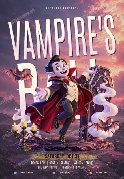 Vampire’s Ball Halloween flyer with a smiling vampire, dimensional ivory headline, gothic coffin, bats and sunset sky; watermarked PSDmarket preview.