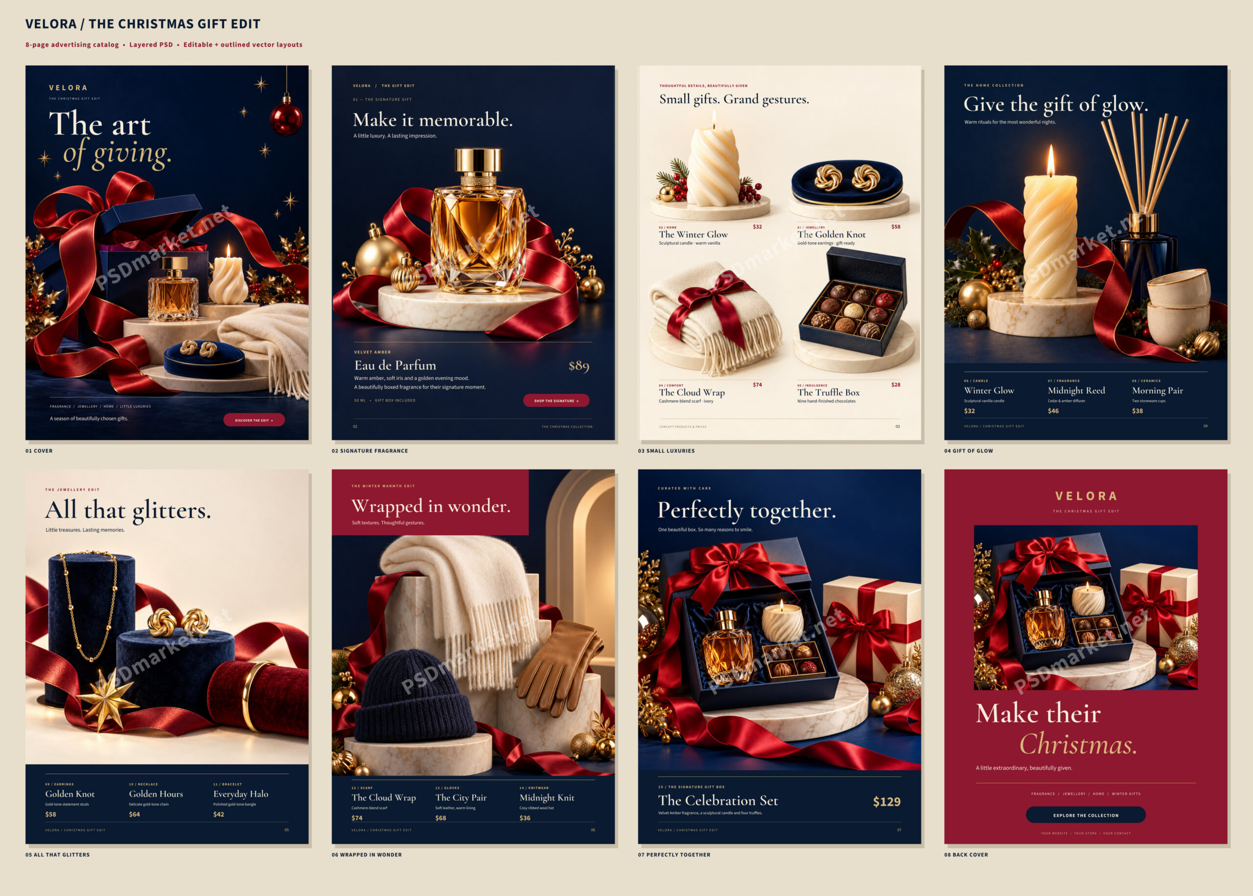 VELORA Christmas Gift Catalog Template – 8 Pages in PSD + SVG — PSD template preview