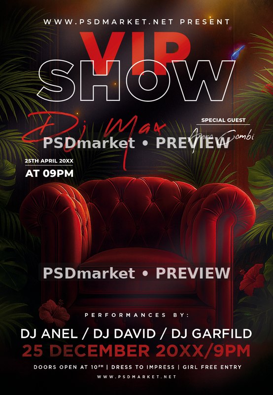 Velvet Armchair VIP Show Flyer PSD Template — PSD template preview
