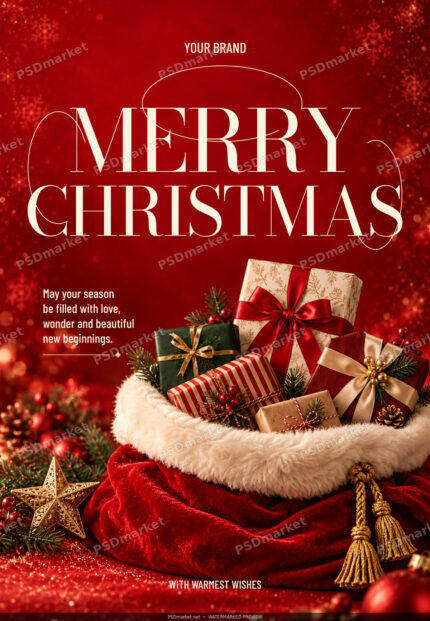 Red Christmas flyer with elegant cream lettering, a velvet gift sack and festive wrapped presents.