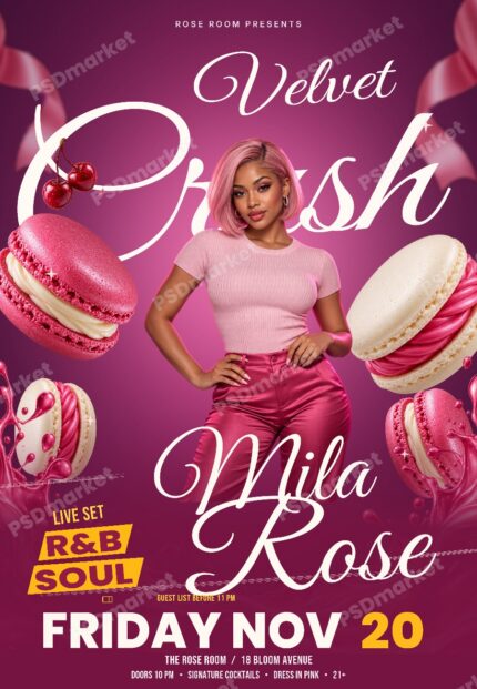 Velvet Crush pink candy-themed R&B and soul party flyer with editable script lettering, pink-haired model, macarons and cherries; protected PSDmarket preview