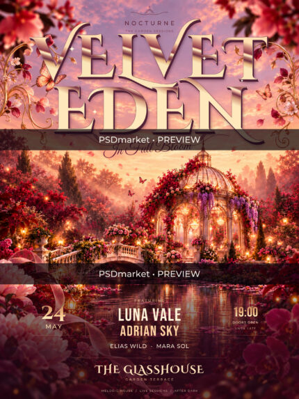 Velvet Eden garden party flyer with rose gold ornamental typography, flowers and a glowing glasshouse, protected by two horizontal PSDmarket preview watermarks.