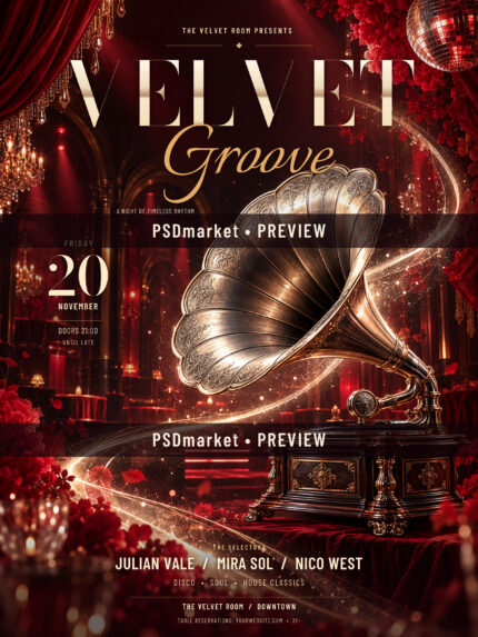 Velvet Groove retro disco club flyer featuring a golden gramophone, red velvet curtains, roses and disco balls, with two horizontal PSDmarket preview watermarks.