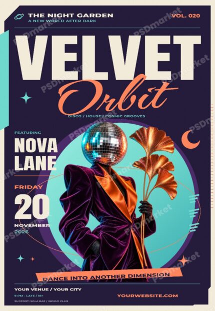 Velvet Orbit Surreal Disco and House Flyer PSD Template with PSDmarket preview watermark
