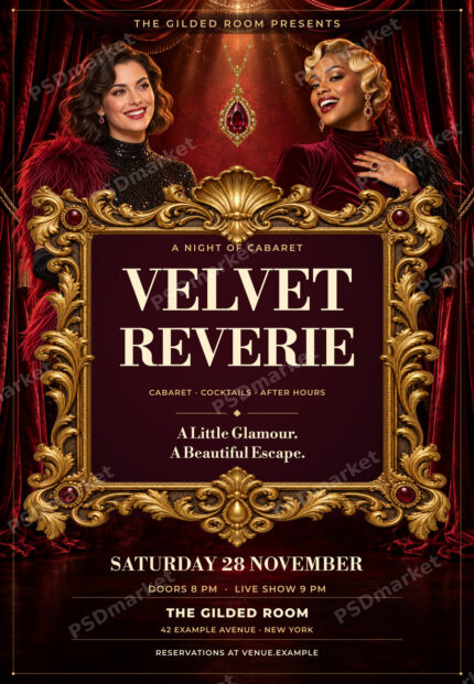 Velvet Reverie cabaret night flyer with burgundy and gold design, two fictional singers and PSDmarket preview watermarks.