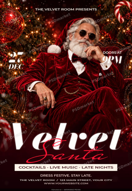 Velvet Santa Christmas flyer with standard PSDmarket diagonal watermarks