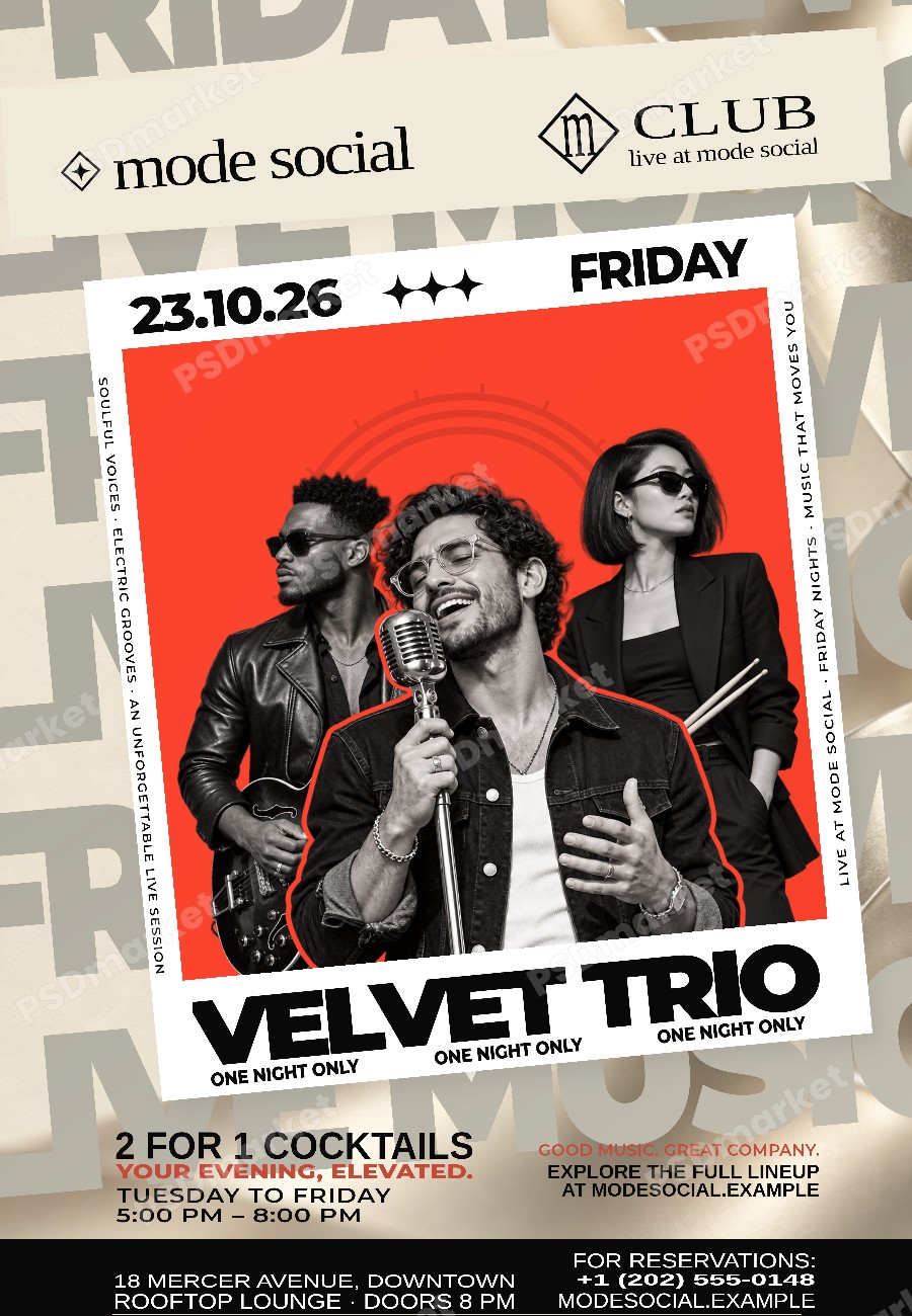 Velvet Trio Live Music Concert Flyer PSD Template — PSD template preview