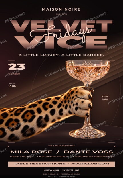 Velvet Vice nightlife flyer with a jaguar paw holding a champagne coupe, rose-metal typography and dark background