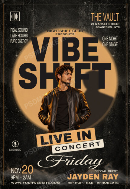 Vibe Shift live concert flyer with bold black type, an amber spotlight, a leather-jacket performer and angled concert plaques.