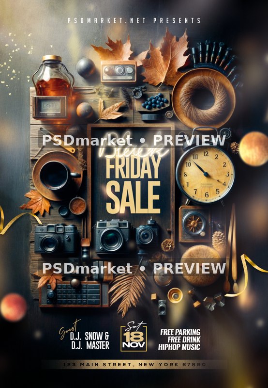 Vintage Autumn Objects Black Friday Sale Flyer PSD Template — PSD template preview