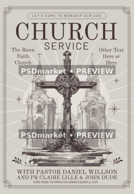 Vintage Cross Church Service Flyer PSD Template — PSD template preview