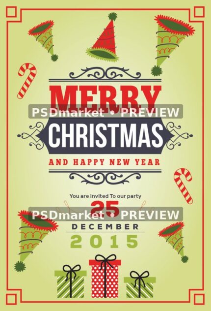 Vintage Hats and Gifts Merry Christmas Flyer PSD Template — reduced watermarked source artwork preview