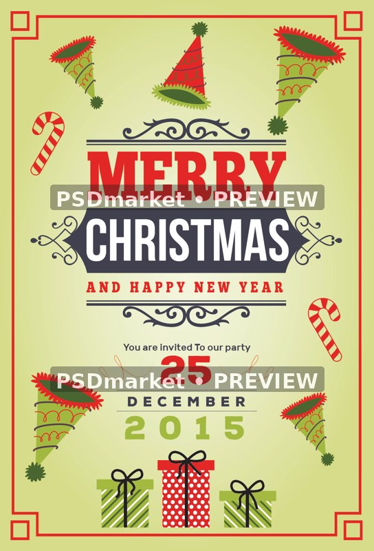 Vintage Hats and Gifts Merry Christmas Flyer PSD Template — PSD template preview
