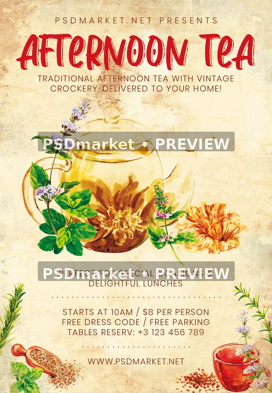 Vintage Herbal Afternoon Tea Flyer PSD Template — PSD template preview