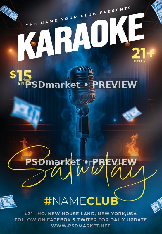 Vintage Microphone Karaoke Saturday Flyer PSD Template — PSD template preview