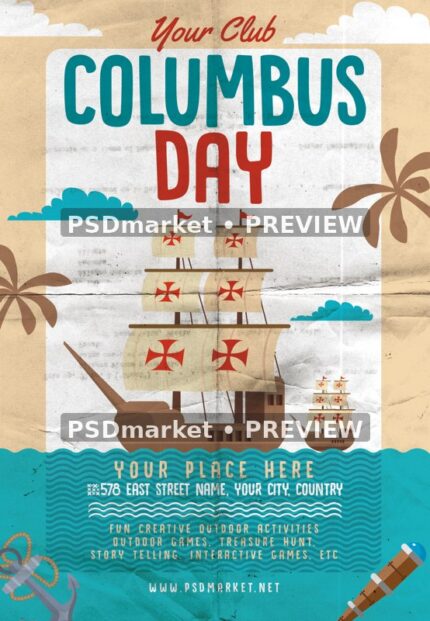 Vintage Paper Sailboat Columbus Day Flyer PSD Template — PSD template preview