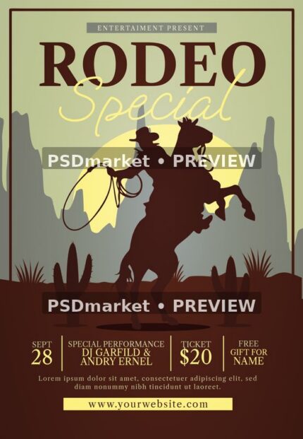 Vintage rodeo flyer with rider on rearing horse, pale sun, sage desert sky, cactus silhouettes and brown border