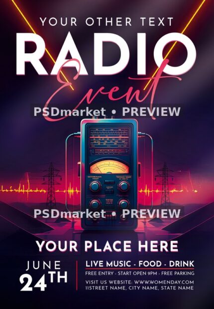 Vintage Receiver Radio Event Show Flyer PSD Template — PSD template preview