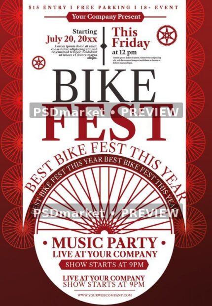 Vintage Red Bicycle Wheel Bike Fest Flyer PSD Template — PSD template preview
