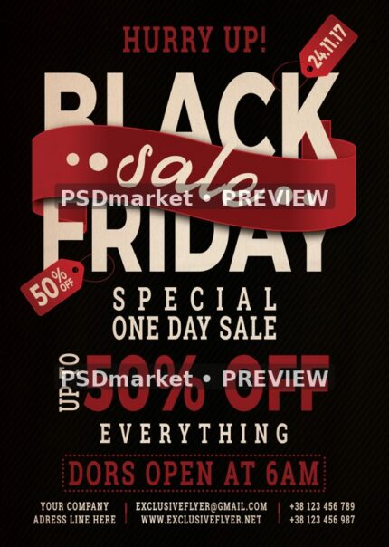 Vintage Red Ribbon Black Friday Sale Flyer PSD Template — reduced watermarked source artwork preview