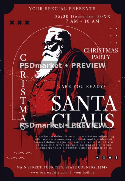 Vintage Red Santa Claus Party Flyer PSD Template — reduced watermarked source artwork preview