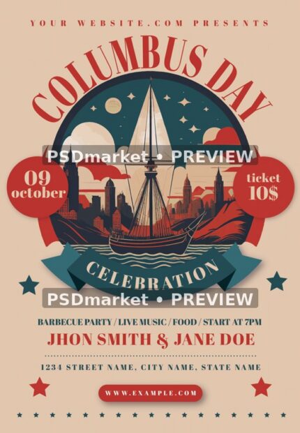 Vintage Sailboat Columbus Day Celebration Flyer PSD Template — PSD template preview