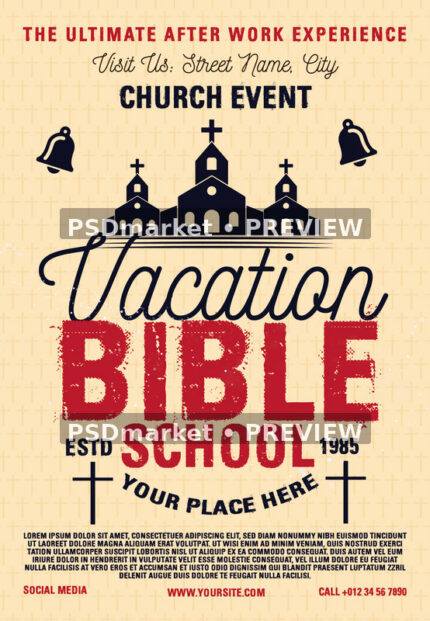 Cream and red vintage Vacation Bible School flyer with church silhouette, bells, crosses and distressed lettering