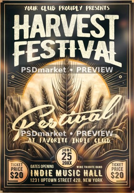 Vintage Wheat Harvest Music Festival Flyer PSD Template — PSD template preview