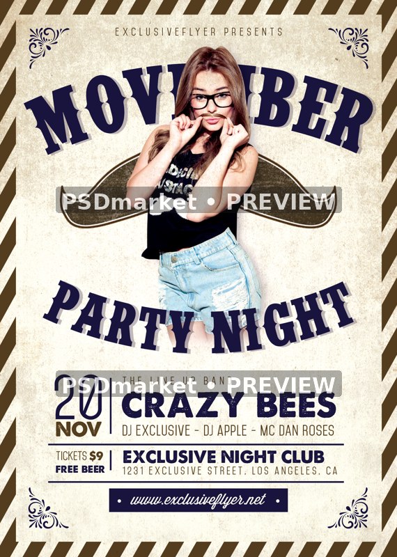 Vintage Woman Mustache Movember Party Flyer PSD Template — PSD template preview