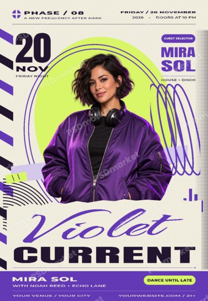 Violet Current House and Disco DJ Flyer PSD Template with PSDmarket preview watermark