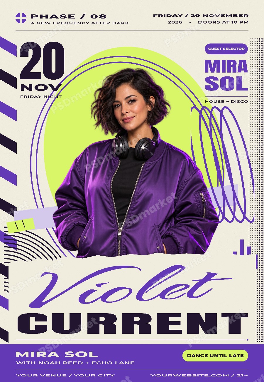 Violet Current House and Disco DJ Flyer PSD Template — PSD template preview