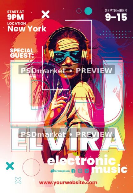 Colorful guest DJ flyer with illustrated woman wearing headphones and sunglasses, geometric shapes and large white lettering