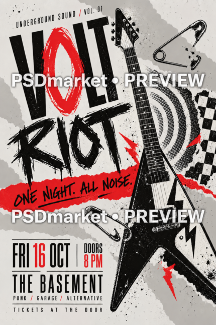 Volt Riot Punk Rock Flyer PSD and SVG Template — PSD template preview