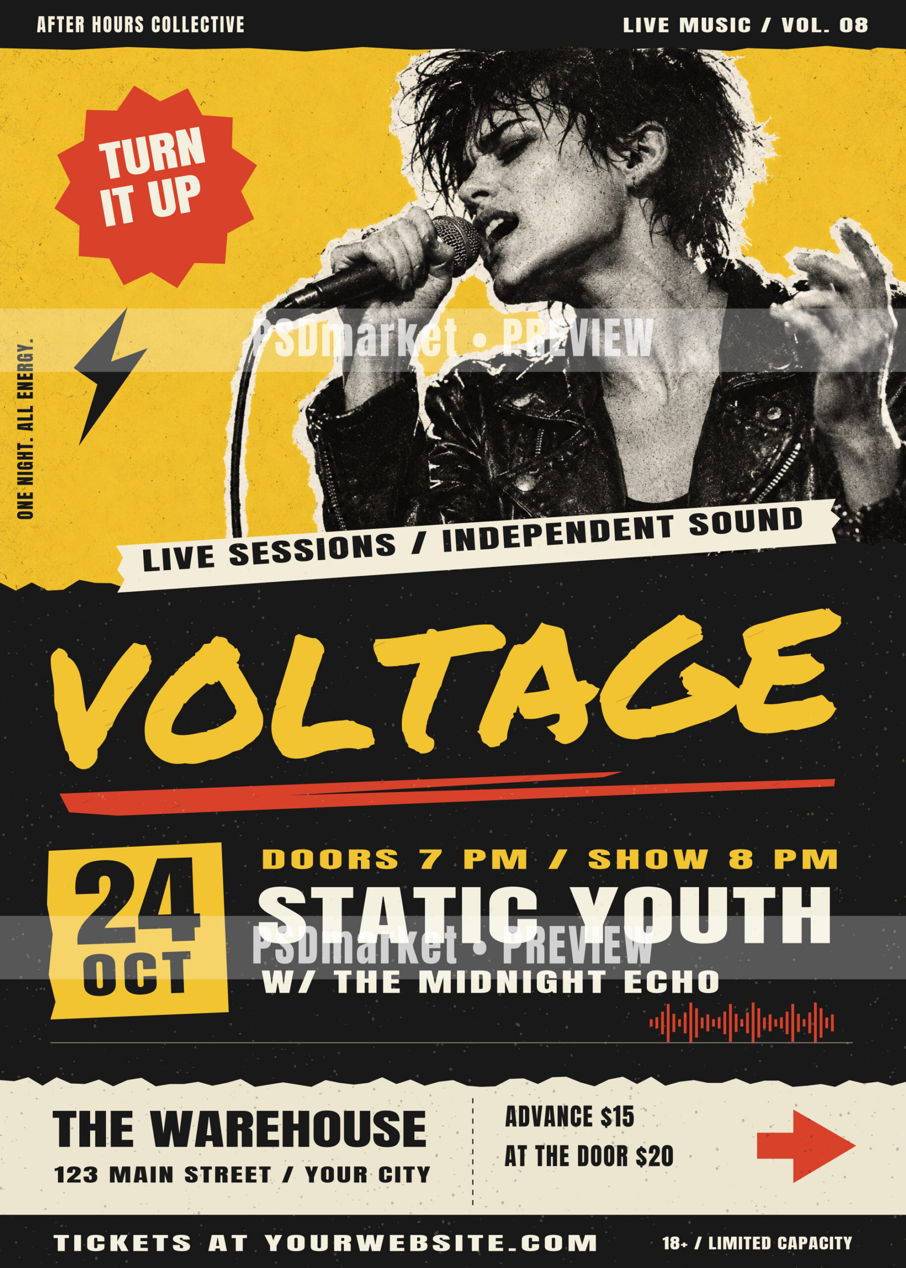 VOLTAGE Live Sessions Rock Flyer PSD and SVG Template — PSD template preview
